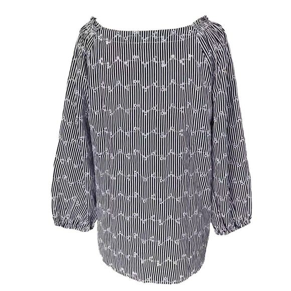 LOFT Outlet Eyelet Blouse Size Medium Navy Blue Stripe Gathered Shoulder Cuffs - Picture 4 of 11
